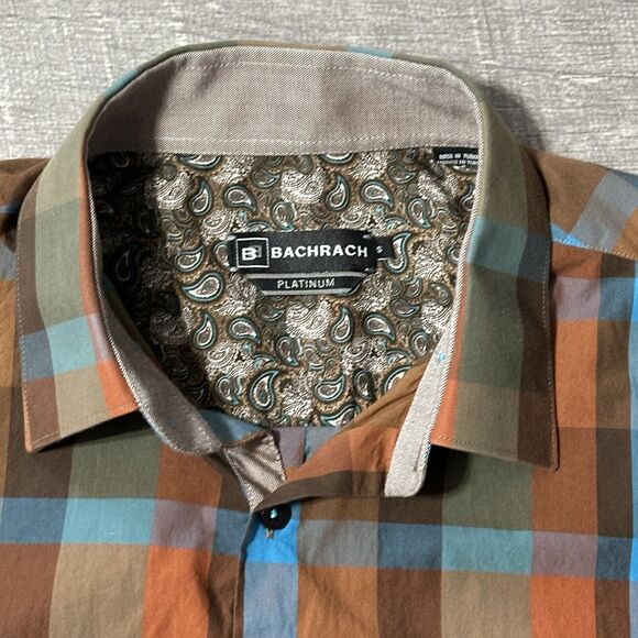 Bachrach Platinum Long Sleeve Button Down Shirt Mens S Orange Blue Check Cotton - Picture 7 of 8